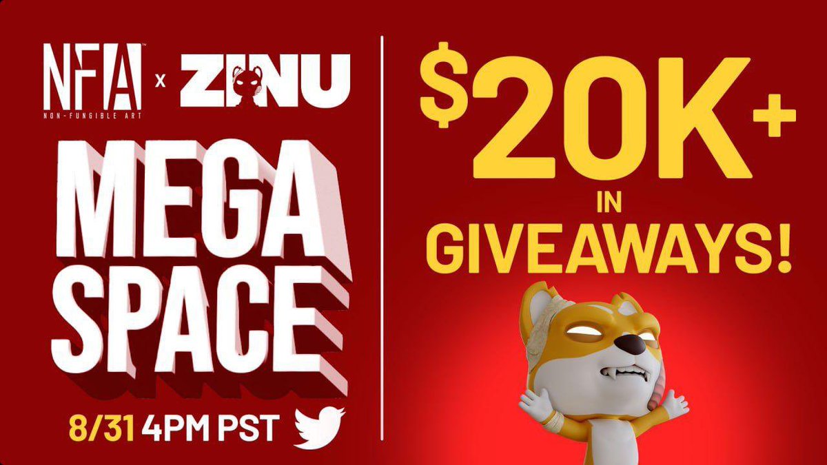 NFA x ZINU MEGASPACE will be bringing the heat with 20k+ in prizes including a painting by Steve Kaufman with 1/1 NFT. 

🔥 Follow @nfa_inc and @zinutoken

🔥 Like, RT, and tag 3

🔥 Set a reminder for the space 
 x.com/i/spaces/1YqKD…