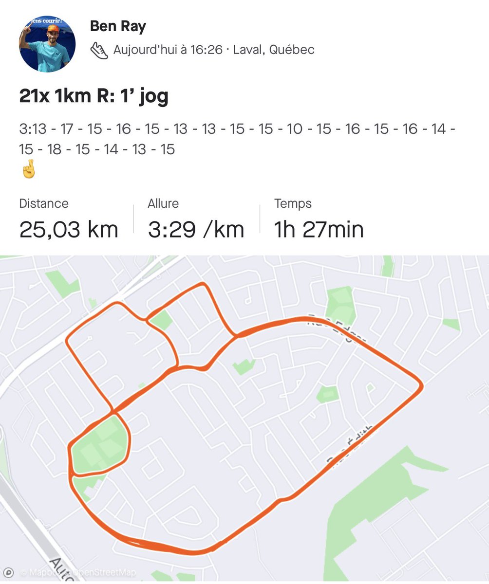 À 7 semaines du <a href="/TOwaterfront42k/">TCS Toronto Waterfront Marathon</a>, <a href="/distanceraymond/">Benjamin Raymond</a> fait ses devoirs avec 21x 1km (moyenne 3:15) Récupération : 1 min jog.