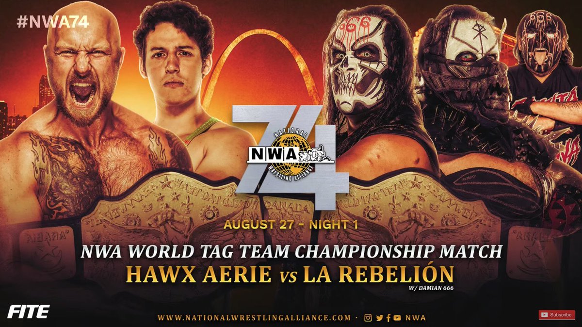 ItsWrestleWorld's tweet photo. .@NWA have announced that due to #HarrySmith being out with an illness, the Tag Team Championships have been stripped from #CommonwealthConnection and #HawxAerie will take on #LaRebellion to crown new Tag Team Champions TONIGHT at #NWA74!
#NWA #NWAPowerrr #NWAUSA https://t.co/Jxt3lVlhaU