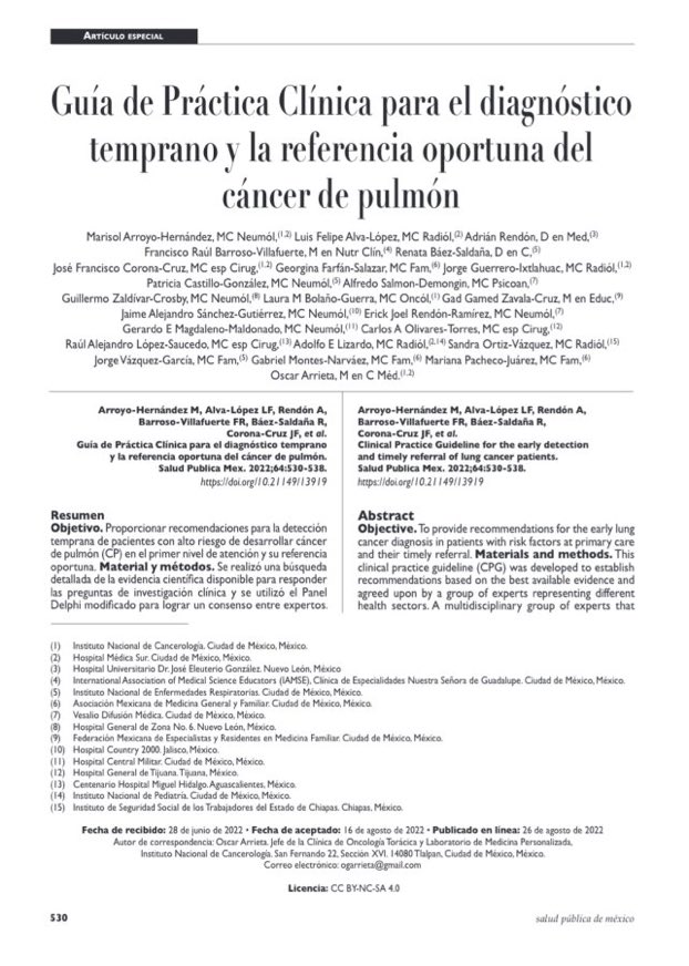 Agradecimiento y mención especial a la Dra. Marisol Arroyo @MarisolNeumo y al Dr. Oscar Arrieta @ogarrieta por Guía de Práctica Clínica para el diagnóstico temprano de Cáncer de Pulmón 🫁🤩! #Guia #Detención #CáncerPulmón #UFOT @detectoincan @incanMX 👉🏼 saludpublica.mx/index.php/spm/…