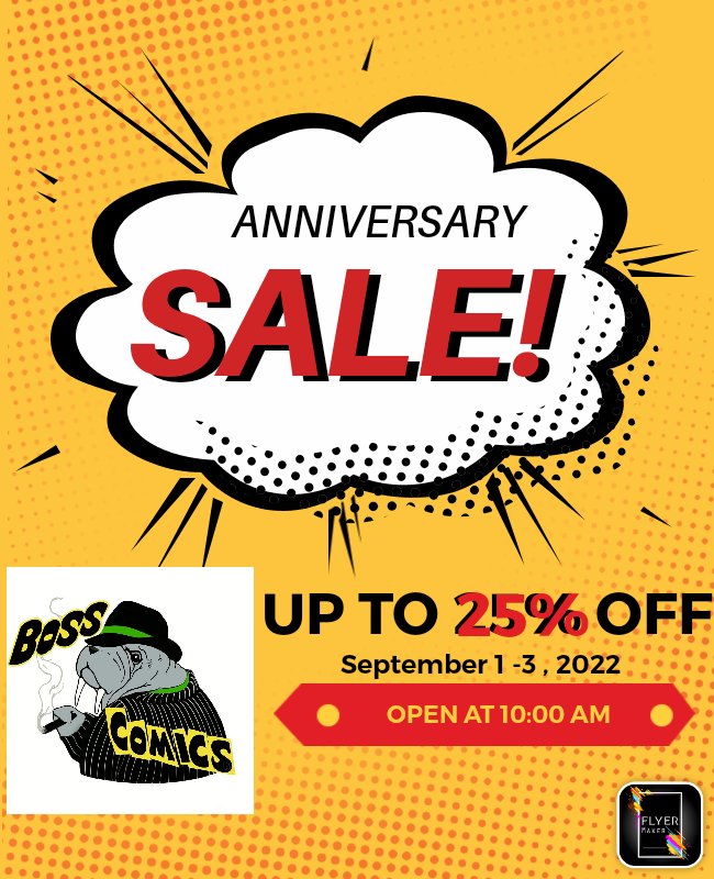 Join us for our first anniversary sale! 

25% OFF all back issues and supplies! 
15% OFF trade paperbacks and T-shirts! 

Thursday - Saturday 

#sale #comicbooksale #boss #comics #newcomics #foco #noco
