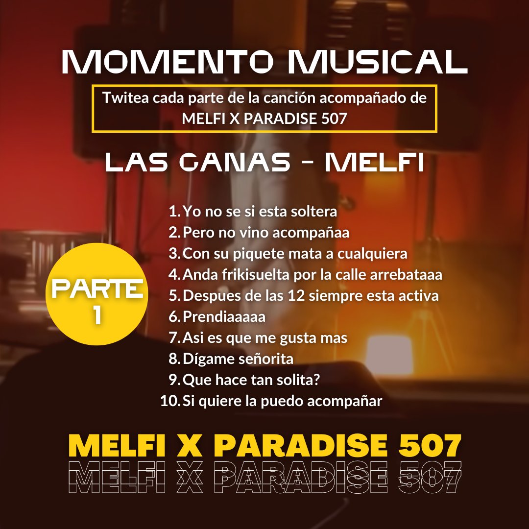 FcomelfiPeru's tweet photo. 🟠Dinámica Musical #1🟠

📌Las ganas de #Melfi 

Corea Las Ganas a través de Twitt's 🎶 Let'go ‼️ @MelfiStreaming 💯

MELFI X PARADISE 507 https://t.co/yREIdAsXbr