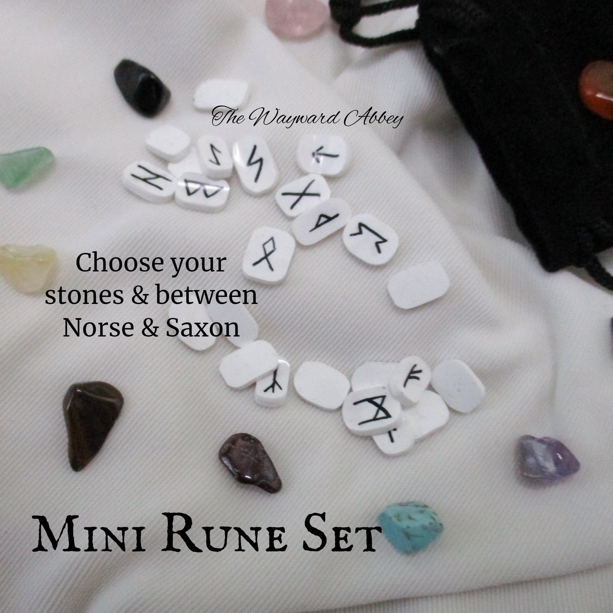 Mini Rune Set
Here in Nordic

The writing is seared into the rune - it won't rub off. At least 2 runes can fit on an adult fingertip.

Included: runes, 9 stone chips (choice), 2"x3" black velvet drawstring bag.

Only on Etsy:
etsy.com/listing/115855… 

~Blessings~Courtney