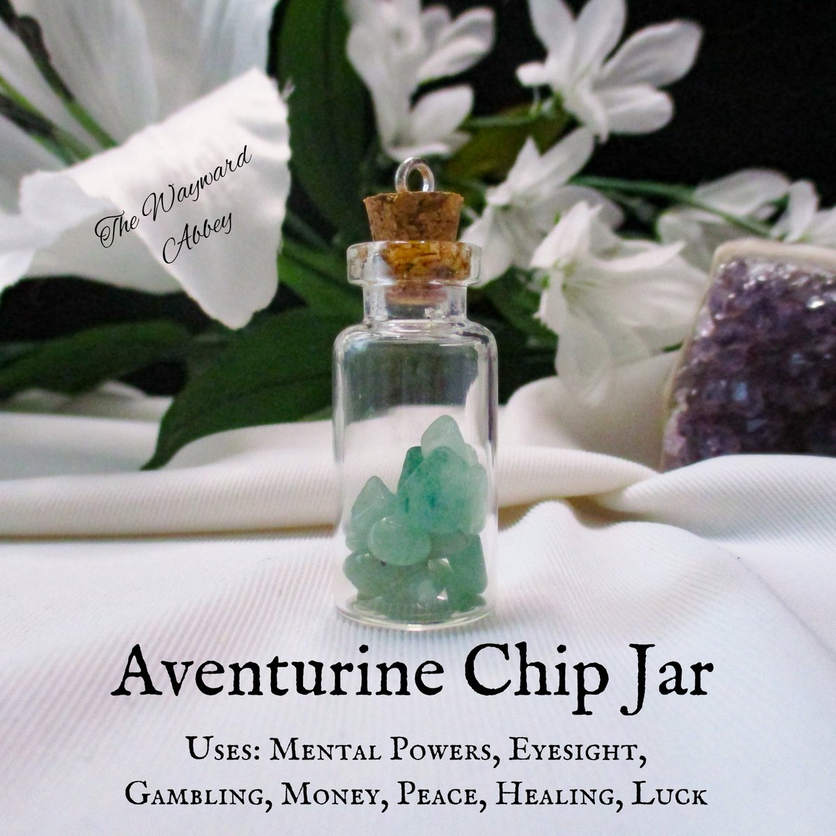 Aventurine Chip Jar

Uses: mental powers, eyesight, gambling, money, peace, gambling, luck

The glass jar is 2mL with a cork stopper. Comes with 30" of black satin cord.

Many other stones are available.

On Etsy:
etsy.com/listing/938784… 

~Blessings~Courtney
