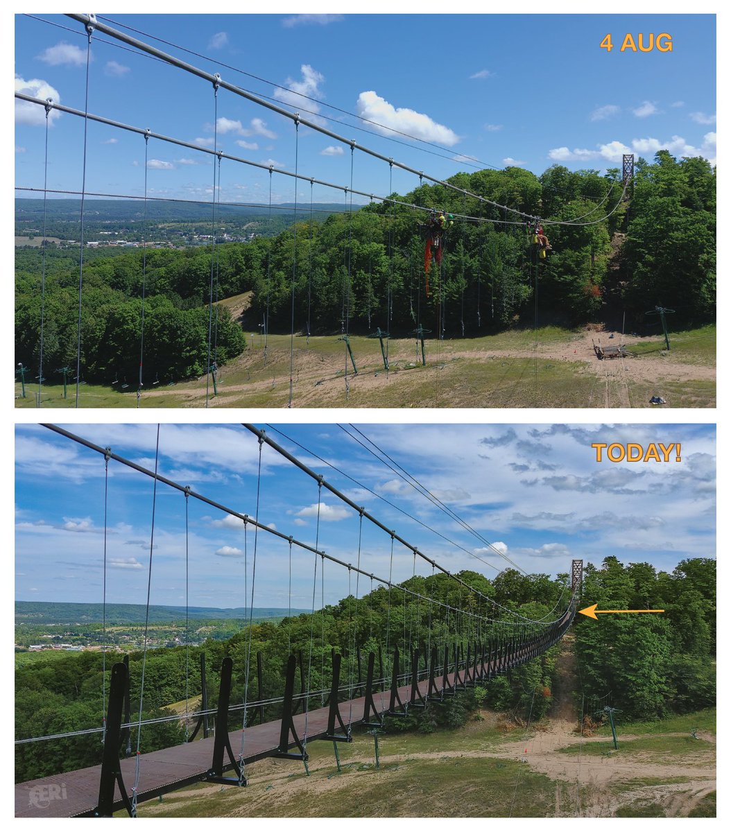 goteamgecko's tweet photo. Give it up for the ERi crew! From random naked cables to almost a real bridge in about 3 weeks. Keep an eye out early next week for some celebrating when we can walk across, and feel free to celebrate with us - we can't wait until you can walk across, too! 🙌 #SkyBridgeMichigan https://t.co/GDZmus1s1Q