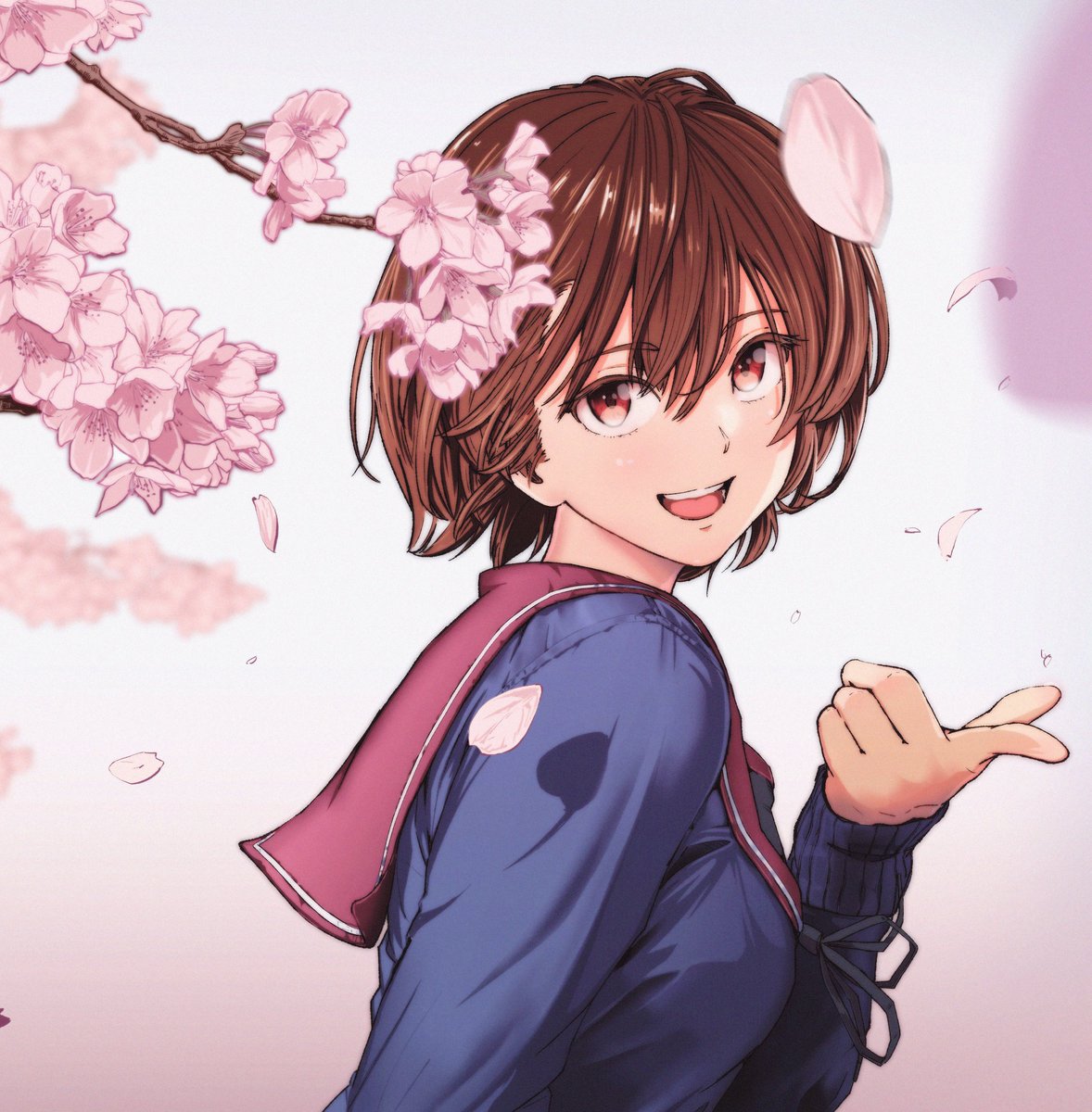 1girl solo brown hair cherry blossoms short hair smile looking at viewer  illustration images