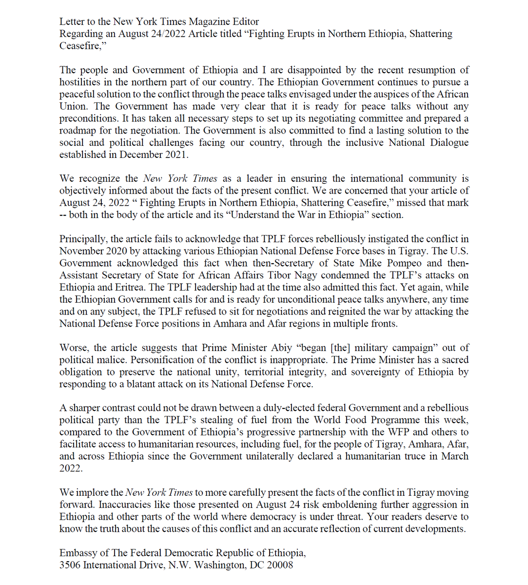 ETEmbassyDCA's tweet photo. Letter to the New York Times Magazine Editor,
Regarding an August 24/2022 Article titled “Fighting Erupts in Northern #Ethiopia, Shattering Ceasefire,”
@nytimes @nycscribe https://t.co/RC7anD68rw