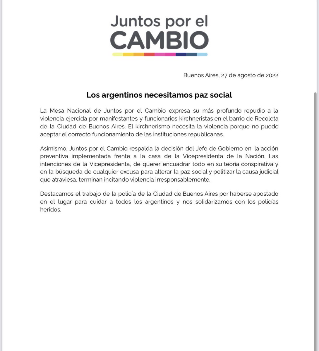 Los argentinos necesitamos paz social y tranquilidad. La violencia no resuelve ningún conflicto.
