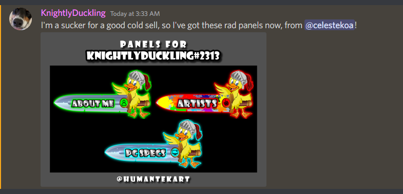 celeste_koa's tweet photo. Duckie panels for https://t.co/Y0We2Bpqii on twitch. Amazing guy, loved working on this lil project for him. ๐โฅ
@HUMANTEKART #humantekart #smallstreamer #twitchstreamer #twitchtv #emotes #VtuberGFX #TwitchAffilate #ArtistOnTwitter
@BlazedRTs
@sme_rt https://t.co/Wh28W231Th