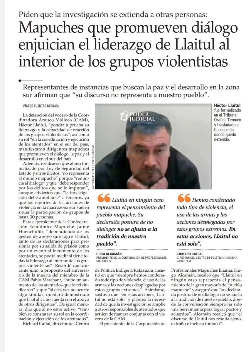CorpEnama's tweet photo. “Laitul en ningún caso representa el pensamiento del pueblo mapuche. Su
declarada postura de no dialogar no se ajusta a la tradición de nuestro
pueblo" Lee aquí más sobre la entrevista a nuestro Presidente Hugo Alcaman sobre Llaitul y los grupos violentos en el Wallmapu. https://t.co/5wdErMlJh1