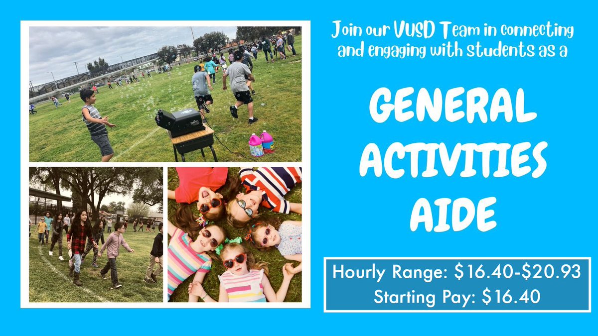 Looking for a fun job? Maybe you should consider joining <a href="/visaliausd/">Visalia Unified School District</a> as a General Activities Aide! 

You can apply at: edjoin.org/vusd

Minimum edu. req.: Proof of high school diploma or equivalent 

Hourly Wage: $16.40-$20.93
Starting Pay: $16.40/hr.

#IAMVUSD