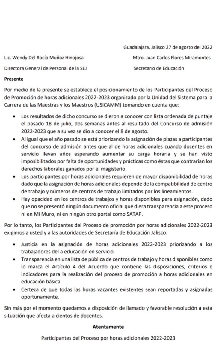 REobservatorio's tweet photo. Posicionamiento de maestr@s de Jalisco que ganaron horas adicionales y @wenmunoz @JCFloresMiramon @EnriqueAlfaroR 

Se están brincando su proceso de asignación y entregarán sus horas a docentes de nuevo ingreso. 

La prepotencia y unilateralidad es la marca del gobierno https://t.co/IgY5Q4pgYy