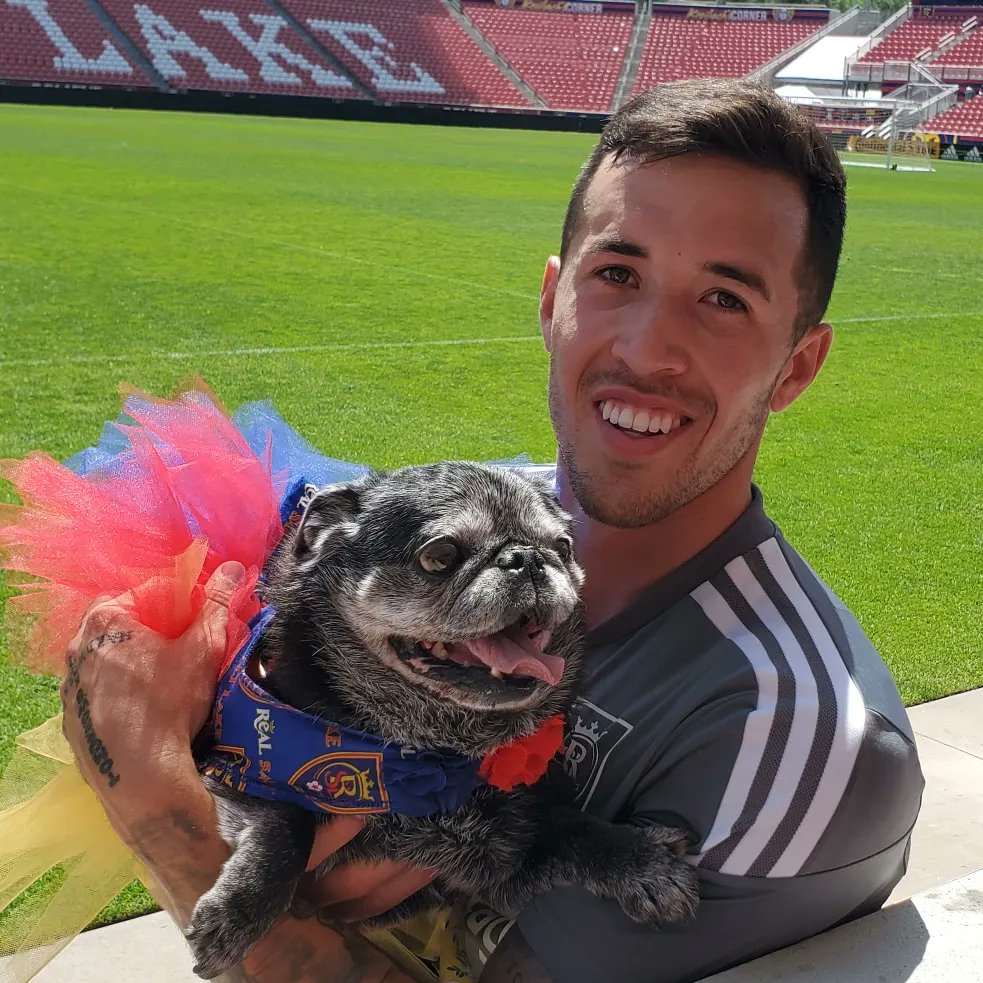 a2pugmom's tweet photo. Freens it's another RSL game day and @realsaltlake is in Dallas. I wanted to share a photo with one of my fave player  in hopes they get a big W tonight cuz last time I posted it they did. So let's get that 3 pts lads. #Padme #rslpug #RSLdog #utahpugs #pugsofutah  #dalereal #rsl https://t.co/kYncwjd75O