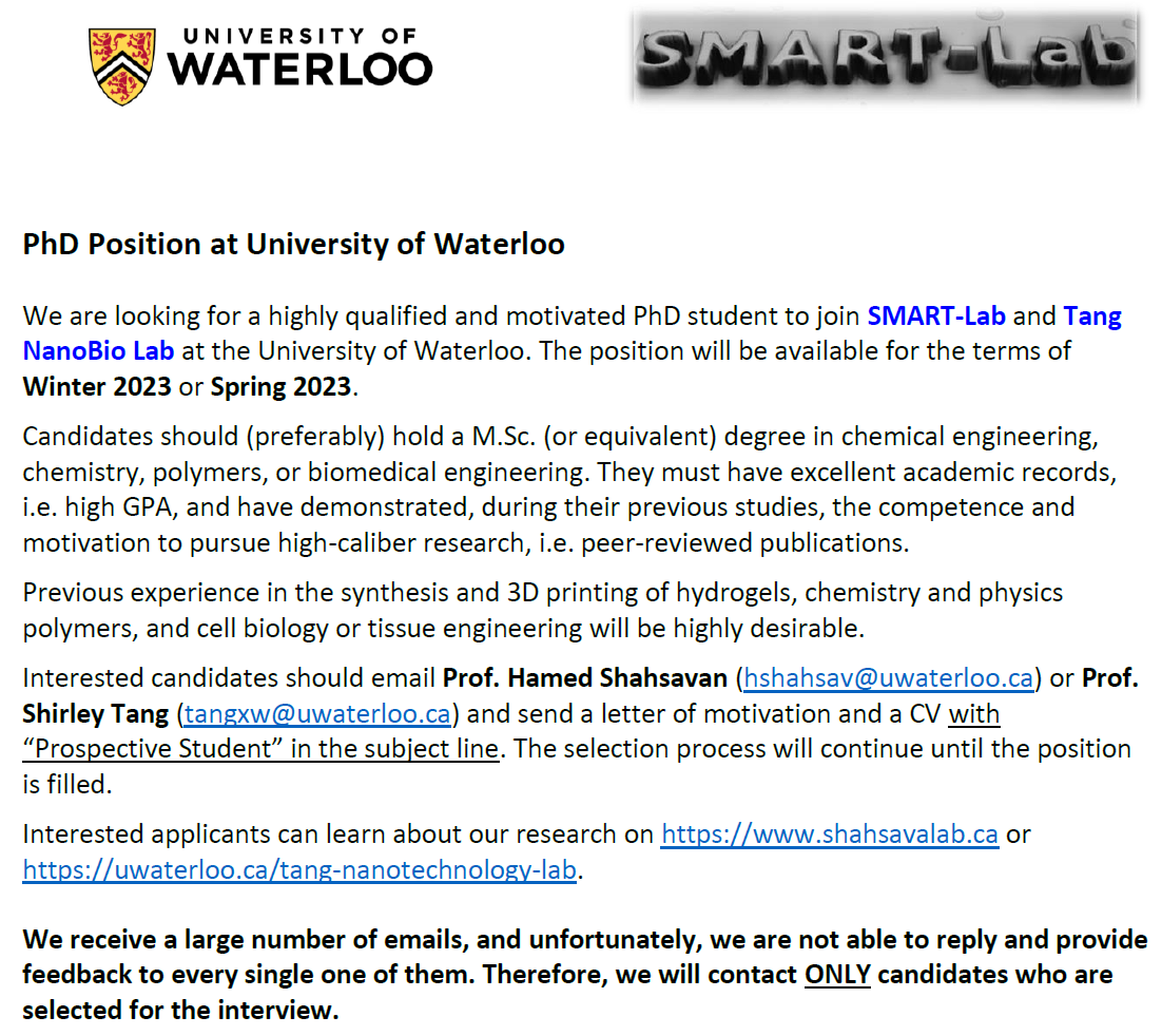 We're hiring! Please spread the word. 
⚗️🤖👩‍🔬🧑‍🎓🇨🇦 
<a href="/HamedShahsavan/">SMART-Lab</a>  <a href="/TangLab_NanoBio/">Xiaowu (Shirley) Tang</a>