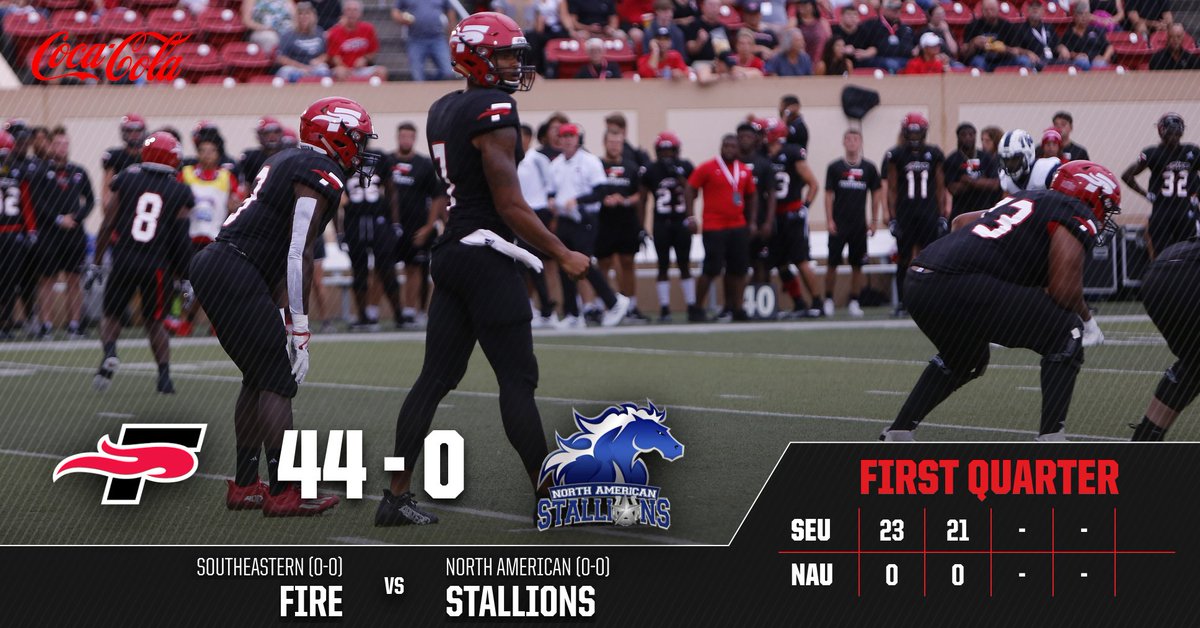 At the half, the Fire lead the Stallions 44-0 behind 204 passing yards by Kaylan Wiggins. #FuelTheFire🔥
