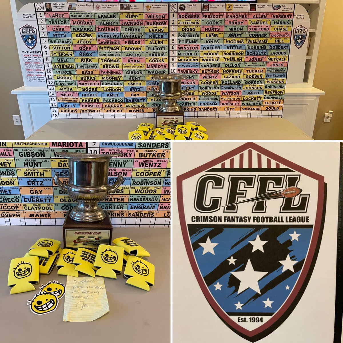 CrimsonCommish's tweet photo. The Crimson Fantasy Football League held the draft for our 29th season today! Thanks to @Football_Guys & @Joe_Bryant for the generosity & for years of draft prep & player research, also thanks to @FJFantasySports for the many years of draft boards! #CFFL #CrimsonCup https://t.co/Dm5HGhK0vr