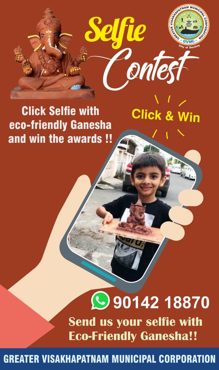 GVMC_VISAKHA's tweet photo. GVMC conducting a selfie contest to support the usage of eco friendly Ganesh idols. Citizens can send their selfie with eco friendly Ganesha to 9014218870 and win awards!!

#ecofriendly 
#GaneshChaturthi2022 
#VizagSaysNotoPlastic 
#SwachhSurvekshan2023Visakhapatnam https://t.co/lUeqHZ3WI4