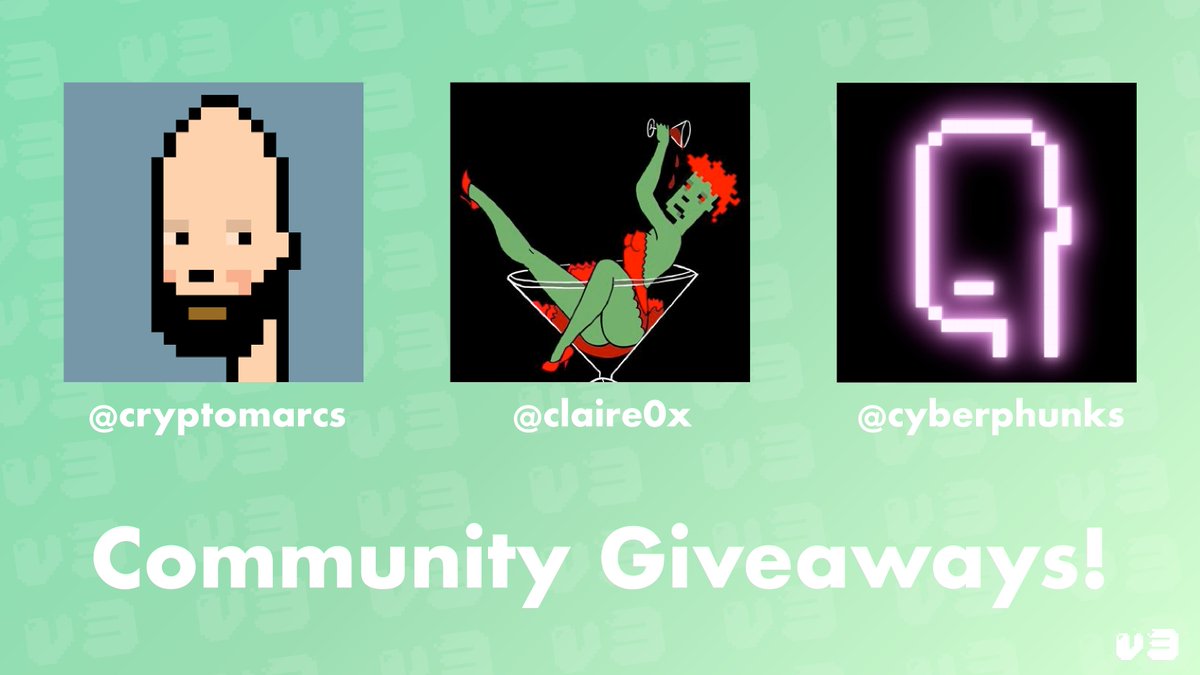 To celebrate 50% minted we are doing our first community giveaway!

Prizes include:
2 <a href="/cryptomarcs/">Crypto Marcs</a> 
2 <a href="/cyberphunks/">CYBERPHUNK</a> 
1 Custom Pin Up <a href="/Claire0x/">Claire👩🏻‍🎨</a> 

To Enter:
Follow <a href="/v3phunks/">v3phunks</a> 
Tag a friend
Like/RT

GOOD LUCK!