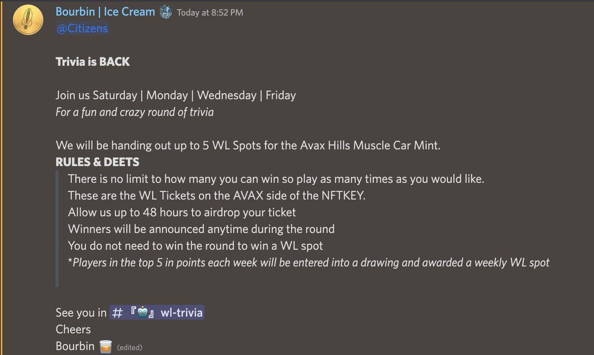 Trivia for WL <a href="/avalanchehills/">AVAX HILLS</a> starts in 30 minutes 
▶️ discord.gg/mJvPbZHe5C
Giving away up to 5 WL spots every other night until we aren't! 

#trivianight #wL #nft #AVAX #mint #web3 #GameFi‌ 

Retweet for a chance to win a WL Ticket 
winner selected randomly within 24 hours.