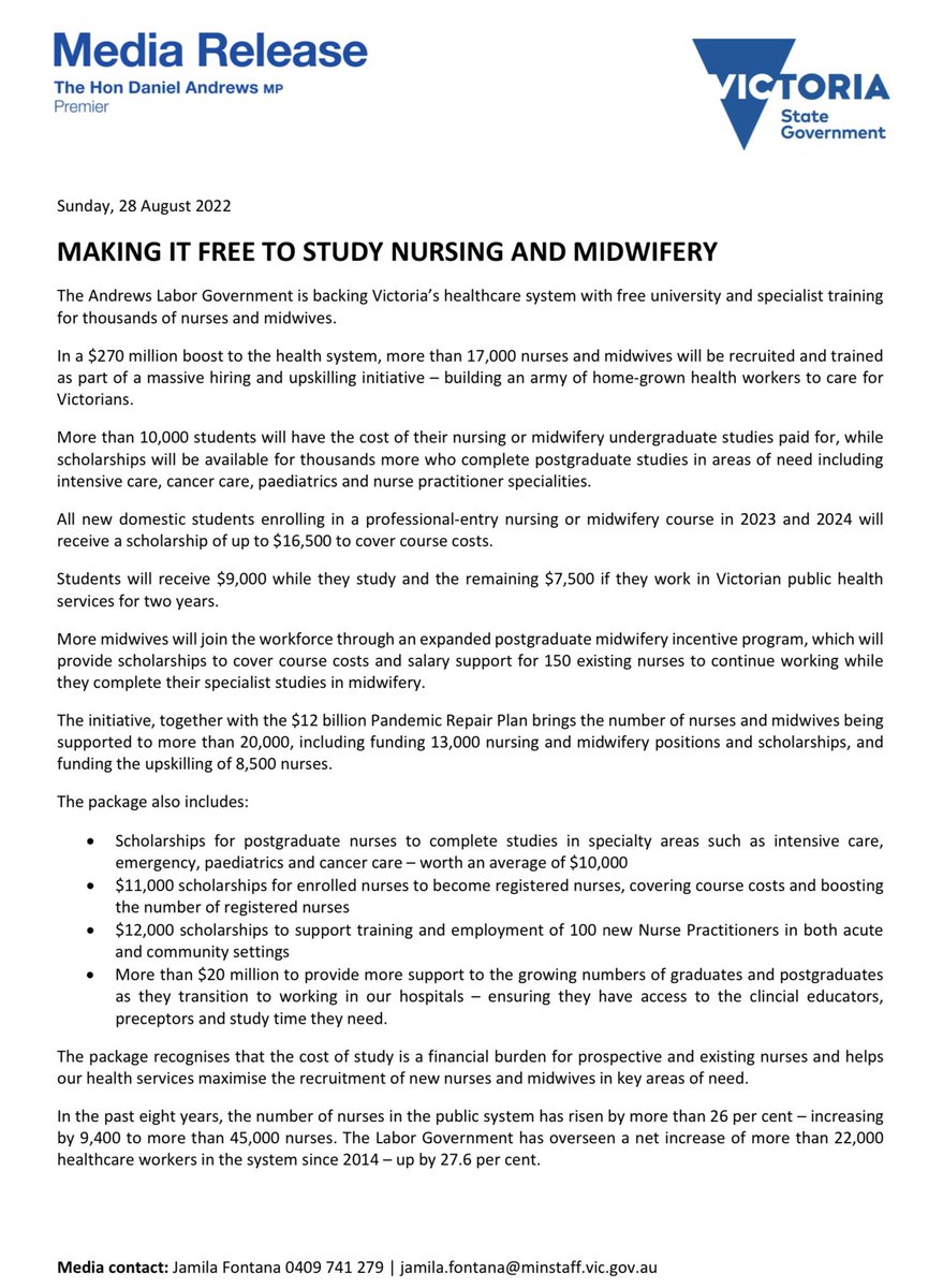 paulmcau's tweet photo. “If you’re in Year 12 and you’ve been thinking about studying nursing or midwifery – go for it. We’ve got your HECS fees covered.” @DanielAndrewsMP #WeNurses #OzNurses 
Source: https://t.co/tnPaMW5b5u [PDF] https://t.co/HMR5plZnCV