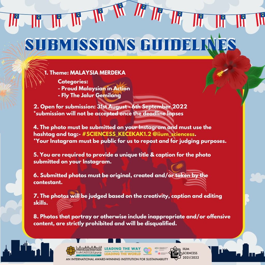 iium_sciencess's tweet photo. Therefore, let's unleash your photography skills and share your memories in this joyous Independence Day.

If you're interested, you may register through this link:-
https://t.co/hMikllp0cL 

⭐ Starpoint will be provided! https://t.co/TvDaKPQOhG