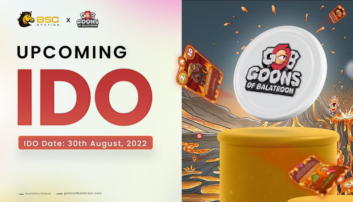 📣 Dear value community, we are proud to inform a new Play-to-Earn project: @GoonsNft will have its Initial DEX Offering on BSCStation Launchpad on 30th August

- Total supply: 750,000,000
- Raise: $100,000
- IMC: $295,000
- Price: $0.05

📕IDO Details: bscstation.substack.com/p/new-2d3d-hyb…