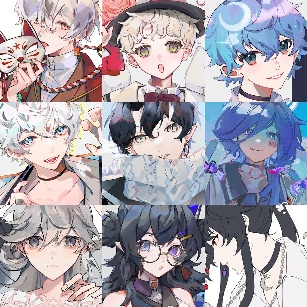 multiple boys white hair black hair glasses pointy ears blue eyes blue hair  illustration images