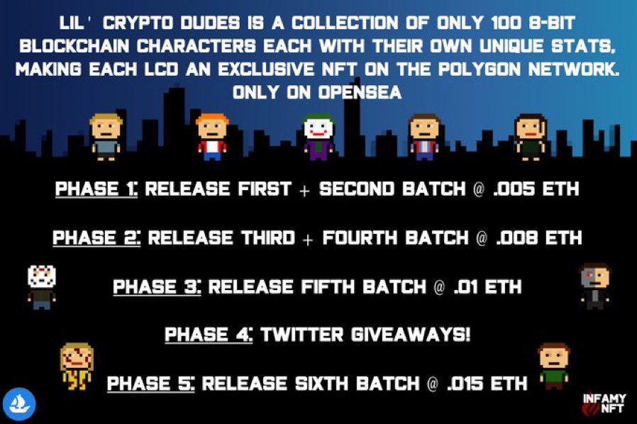 infamynft's tweet photo. Lil' Crypto Dudes is an exclusive collection on OpenSea.

✅Only 100 8-bit blockchain characters
✅Each with their own unique stats. ✅No Gas NFT on the Polygon network.

Early buyers only .005eth

https://t.co/qGSg3fdSPP

#NFT #NFTs #NFTCommunity #NFTdrop #NFTProject #NFTartist https://t.co/XFTqQj29Lz