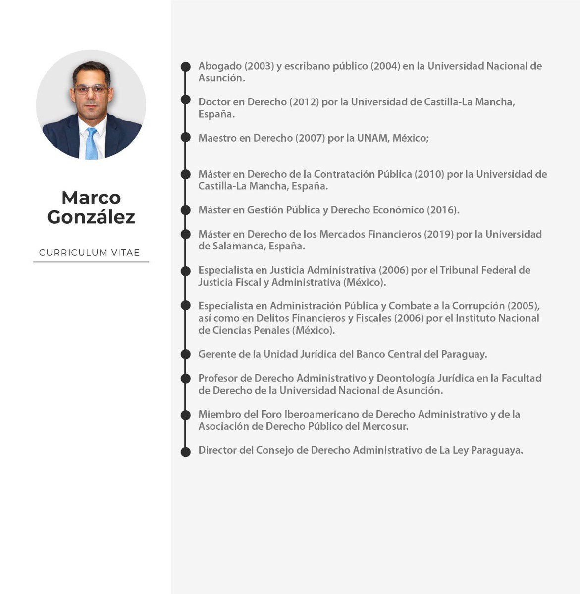 Te invitamos a conocer la preparación académica y la experiencia en gestión del candidato suplente al Consejo de la Magistratura, Prof. Dr. Marco González. #AlianzaAcadémica 👇🏻