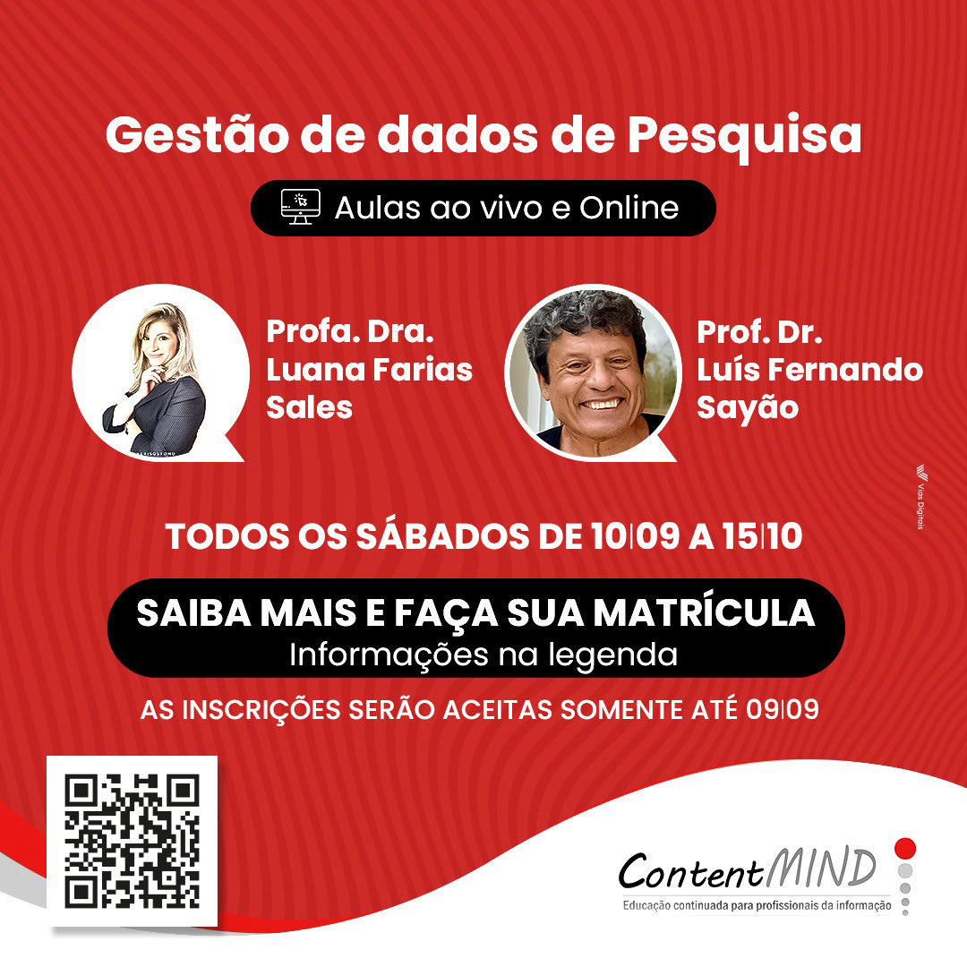 luanafsales's tweet photo. NOVAS DATAS - Curso Gestão de Dados de Pesquisa  

A Content Mind traz um novo curso de Gestão de Dados de Pesquisa e está com as inscrições abertas! Desta vez, poderemos nos encontrar de forma on-line e ao vivo, todos os sábados, a partir do dia 10 de setembro até 15 de outubro! https://t.co/IhE39iIRXf