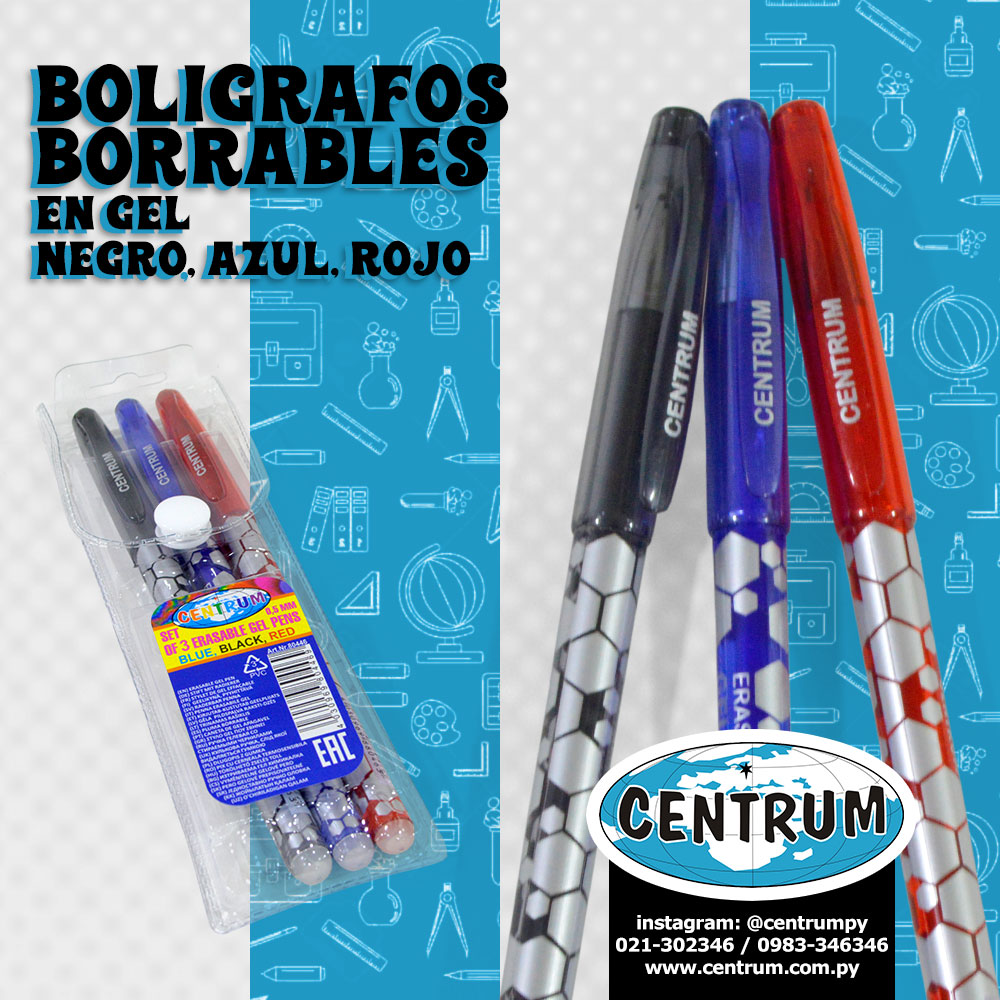 centrumpy's tweet photo. Tenés que conocer nuestros bolígrafos borrables en gel en sus 2 presentaciones: set de 2 bolígrafos azules y set de 3 bolígrafos (negro, azul y rojo). Buenísimos! 👌
Más info: https://t.co/tJstE4Gesm 👈
Contacto para mayoristas: 0986-346346 / 021-302346
#boligrafos #pen #gelPen https://t.co/bCd02uLa4P