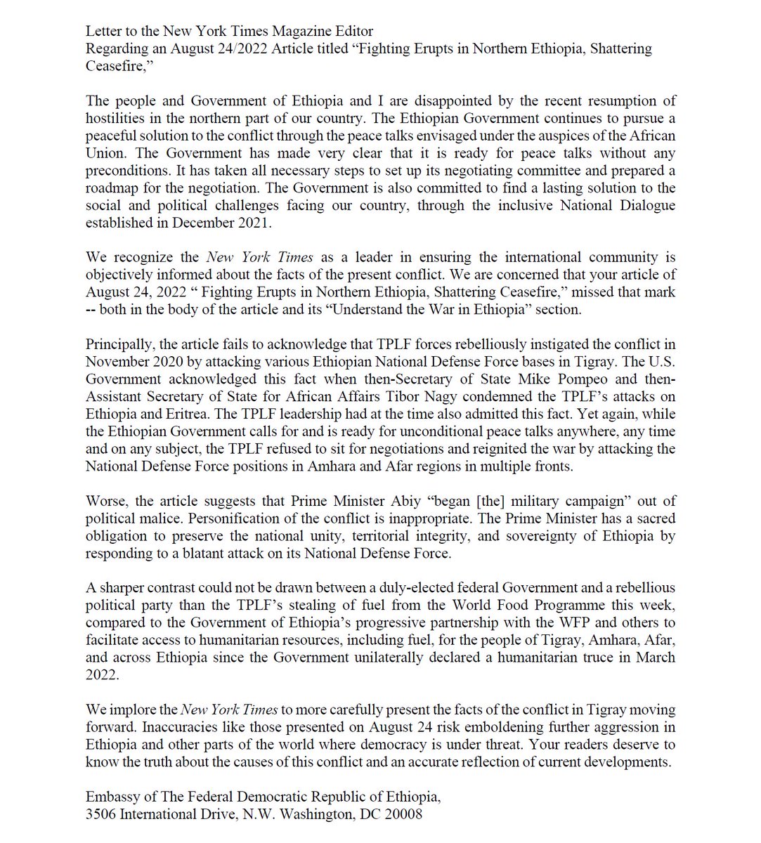 HermelaTV's tweet photo. Ethiopian Embassy in US slams @nytimes for slanderous &amp; inaccurate reporting [terrorist propaganda] on Ethiopia. “Your readers deserve to know the truth about the causes of this conflict &amp; an accurate reflection of current developments.” #TPLFisTheCause #SayNoMore @ethembassyUS https://t.co/7zL9b9KoBn