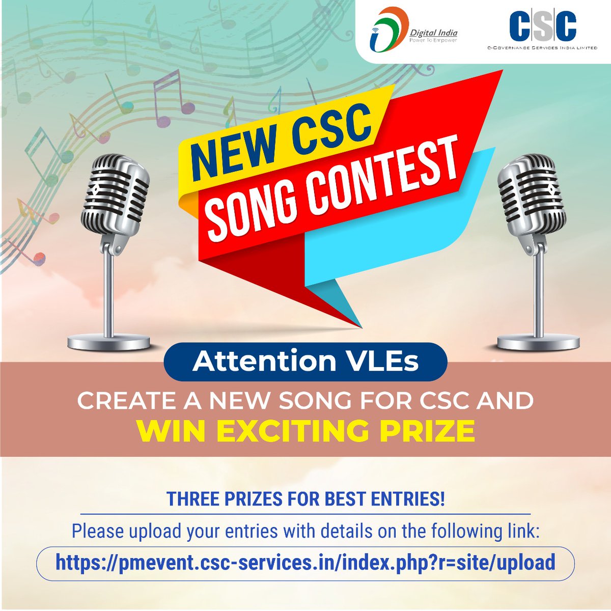 CSCegov_'s tweet photo. PARTICIPATE IN A CONTEST FOR A NEW CSC SONG...
CREATE A NEW SONG FOR CSC & WIN AN EXCITING PRIZE...
THREE PRIZES FOR BEST ENTRIES!
Please upload your entries with details on the following link: https://t.co/3a9Mr6Ewdt
#CSC #DigitalIndia #RuralEmpowerment #CSCSongContest https://t.co/KzIsifXBha