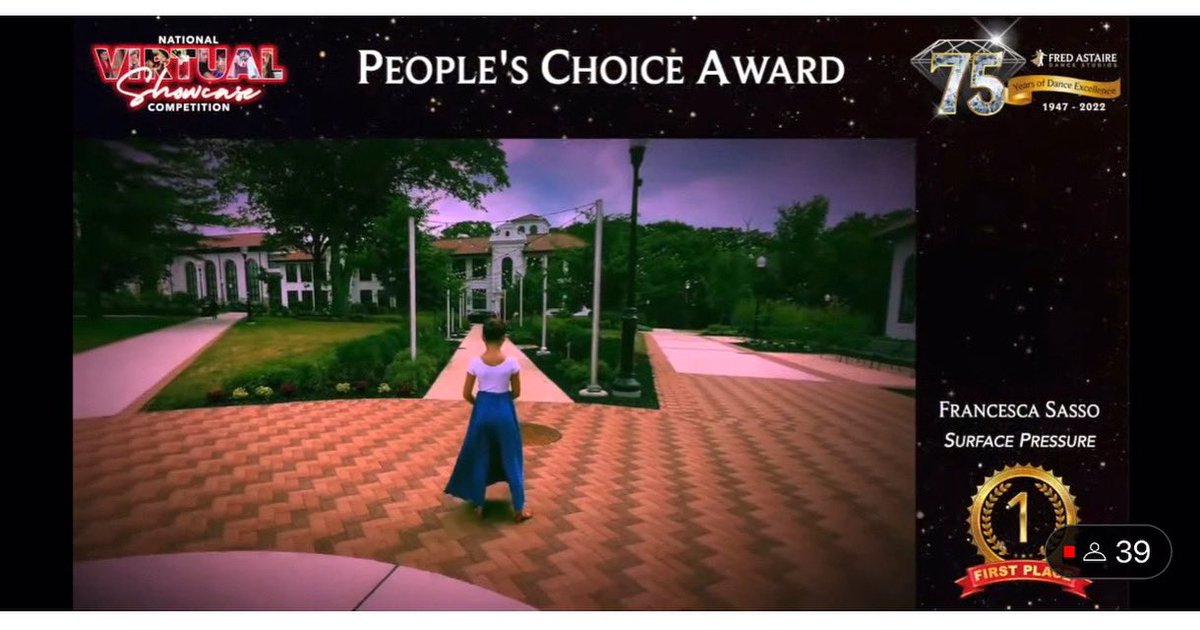 Frankie is your <a href="/FredAstaireCorp/">Fred Astaire Dance Studios</a> National Virtual Showcase Competition  People’s Choice Award winner!
She also received an honorable mention in the ballroom category out of all ages and levels from across the nation. Thank you thank you thank you everyone for your support! 🪩💃🏻