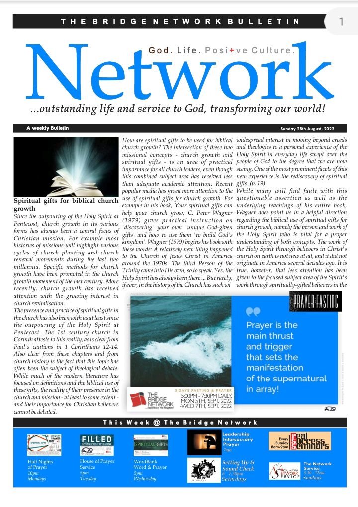 DBridgeNetwork's tweet photo. @Softsteel @IbYIf @Oluwarantimisi3 @worldoftoyin @mopadeola @Bims_livngarden @OnyIbode @IAkinyede @adoraservio @OmolaraAkinwal1 @ayobummy The Bridge Network, Bulletin 28th August, 2022. Do have a great Sunday & a great week ahead
#TBN #OutstandingLife&ServiceTransformingOurWorld https://t.co/YPSvS2H6Kj