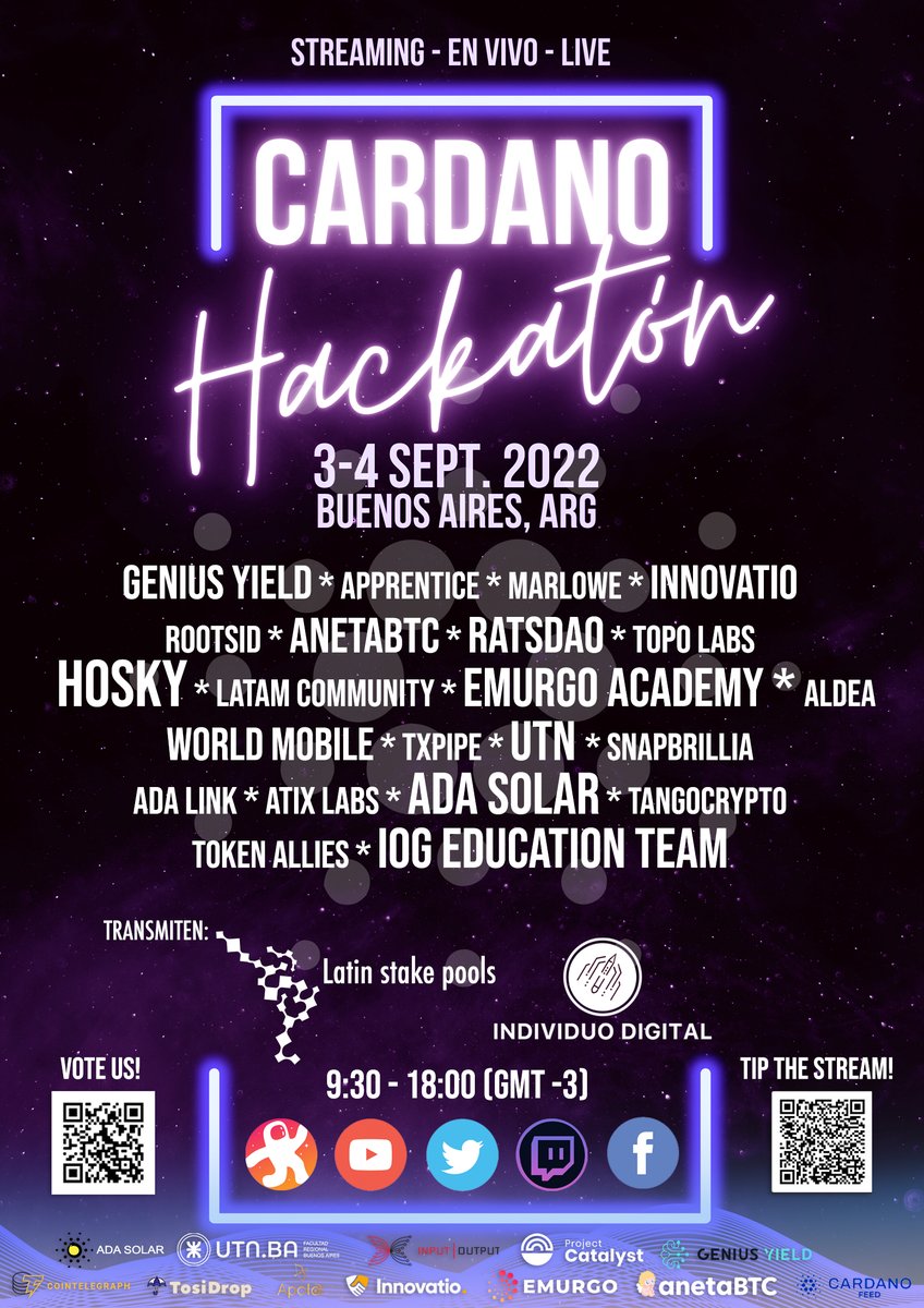 indi_gital's tweet image. Queda una semana para el #Hackaton de #Cardano en Buenos Aires y aun puedes inscribirte para participar. Si están lejos les dejamos el flyer para  seguir el streaming del evento, atentos a las redes de @LatinStakePools e @indi_gital. Gracias por compartir :)