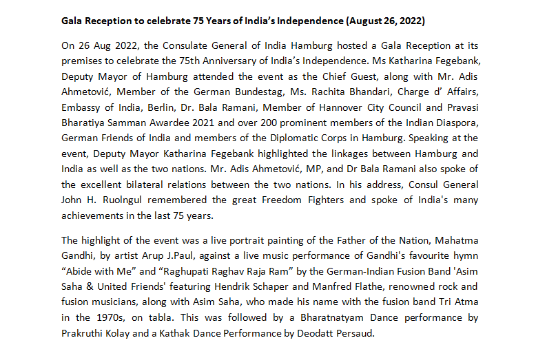 IndiainHamburg's tweet photo. Gala Reception to celebrate 75 Years of India’s Independence (August 26, 2022) 

@MEAIndia @eoiberlin @Senat_Hamburg @fegebanks  @BalaSRamani @AmritMahotsav 

#azaadikaamritmahotsav #IndiaAt75 #india #IndiainHamburg #GrandFinale https://t.co/F26X0VmBJL