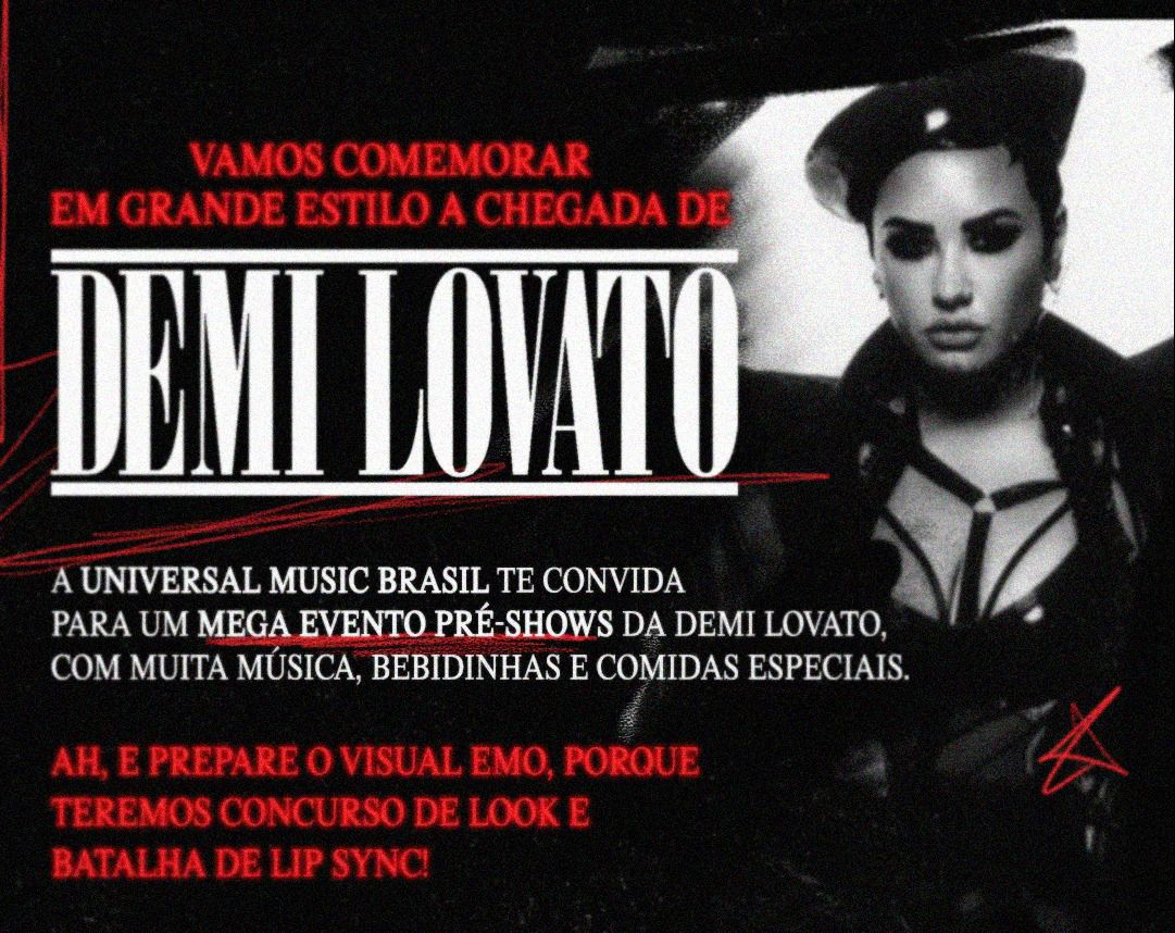 demilovatobr's tweet photo. Que tal comemorar a chegada Demi Lovato ao Brasil em um mega evento pré-show? A @umusicbrasil sorteará 6 fãs para participar da festinha que acontecerá em São Paulo/SP, na segunda-feira, dia 29. 

🔗 Leia as regras e se inscreva: https://t.co/dV3uGrsluF https://t.co/Ul5BGVcMyI
