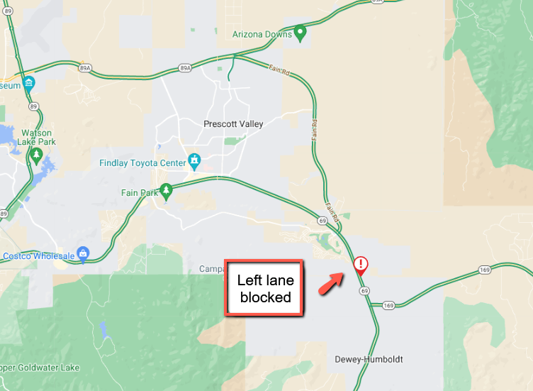 ArizonaDOT's tweet photo. SR 69 southbound in Prescott Valley: A crash is blocking the left lane at milepost 282 approaching SR 169.
#SR69 #AZTraffic https://t.co/7hHjDUReSU