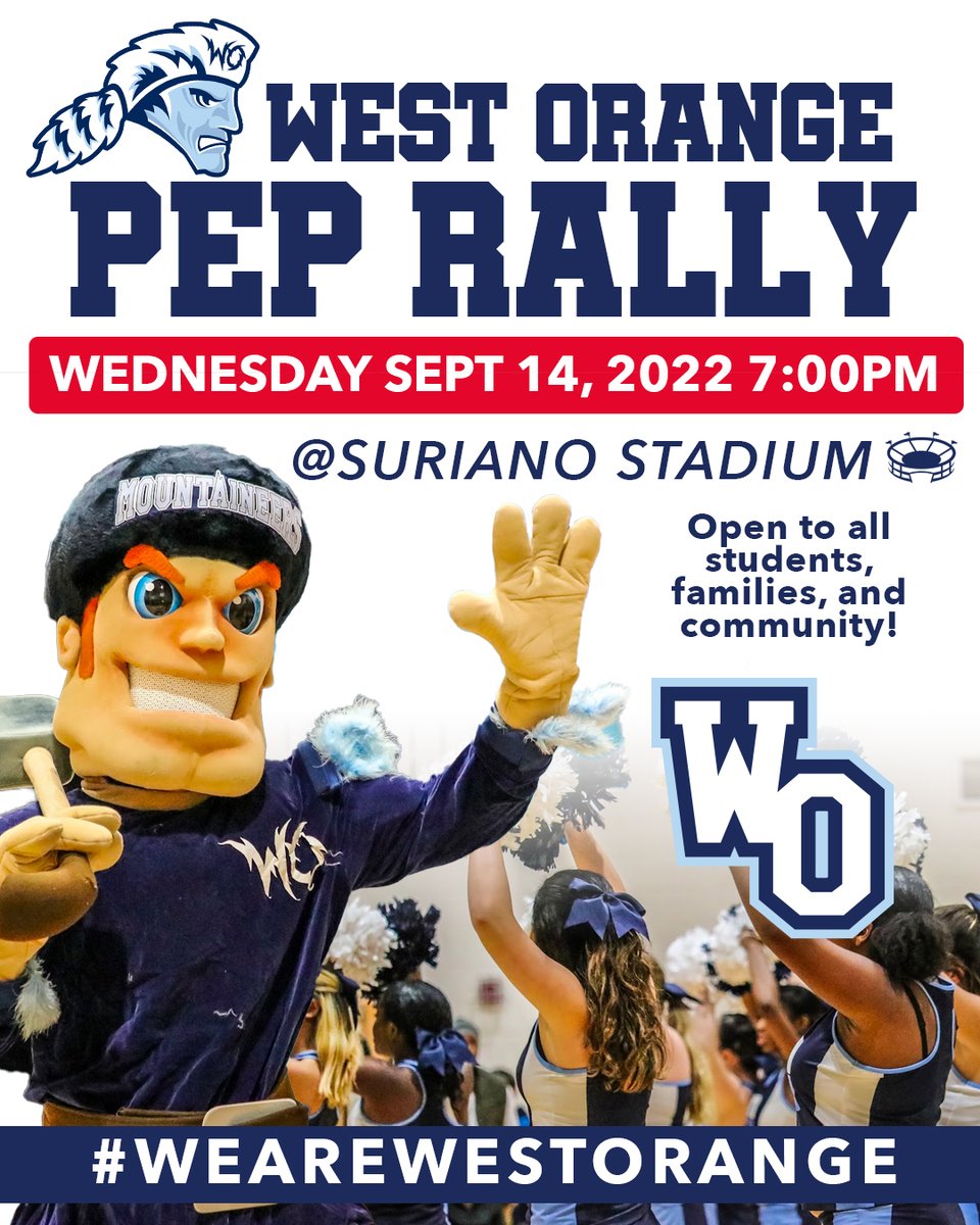 LET'S GO W-O! Join us for the Fall Sports Pep Rally on Wednesday September 14, 2022, 7pm at Suriano Stadium (West Orange High School). This event is open to ALL students, ALL families, and the entire community! #westorangenj #peprally