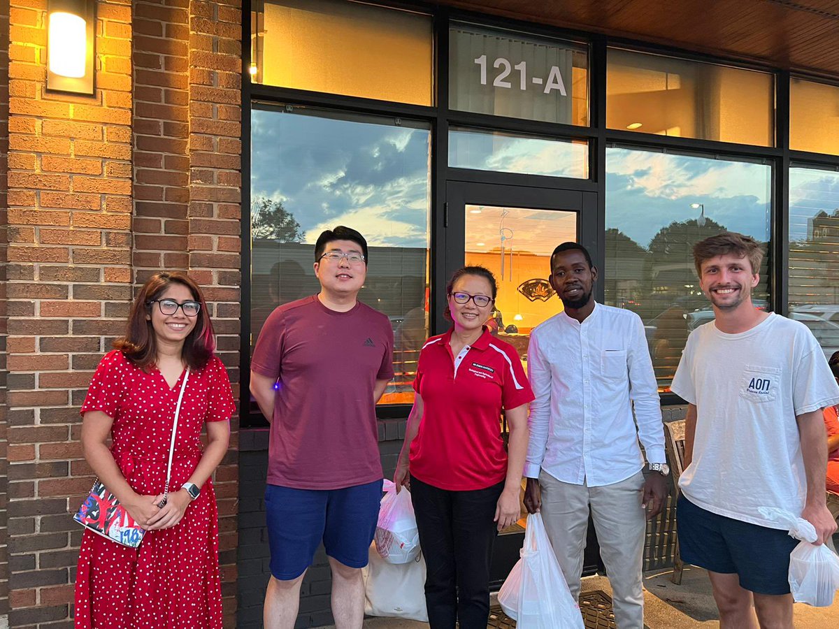LingjuanL's tweet photo. Dinner gathering for the end-of-summer celebration and welcoming new PHD student Sam Cherotich. What a blessing to lead this diverse team with African-American-Asian (AAA)! Shall we have a nickname, the triple A team?! #GoBAEPack https://t.co/WiNXrVVfKk