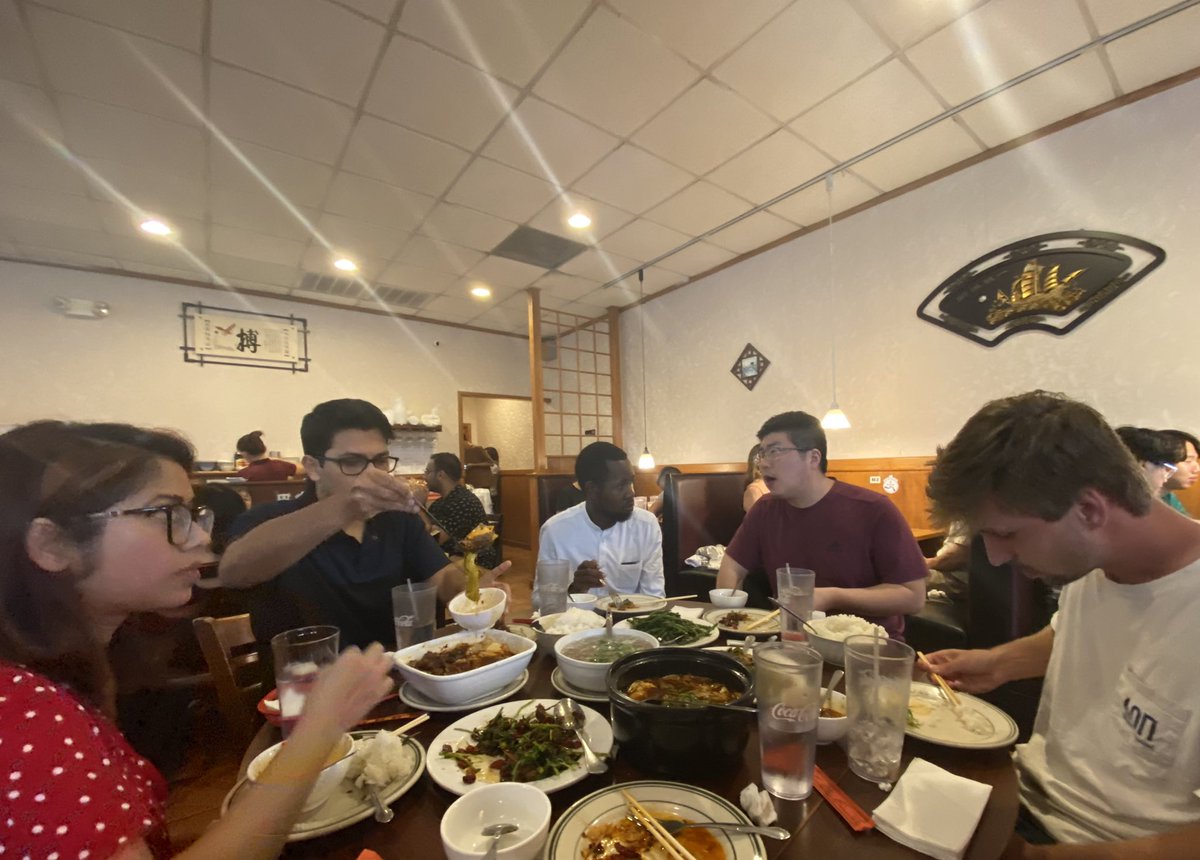 LingjuanL's tweet photo. Dinner gathering for the end-of-summer celebration and welcoming new PHD student Sam Cherotich. What a blessing to lead this diverse team with African-American-Asian (AAA)! Shall we have a nickname, the triple A team?! #GoBAEPack https://t.co/WiNXrVVfKk