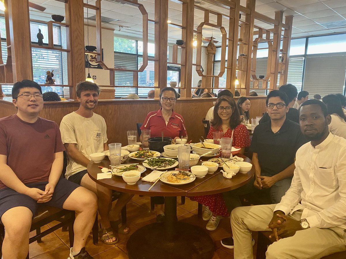 LingjuanL's tweet photo. Dinner gathering for the end-of-summer celebration and welcoming new PHD student Sam Cherotich. What a blessing to lead this diverse team with African-American-Asian (AAA)! Shall we have a nickname, the triple A team?! #GoBAEPack https://t.co/WiNXrVVfKk