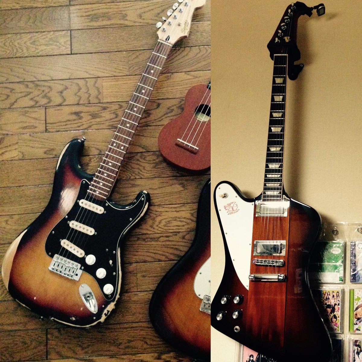 taira_atsushi's tweet photo. 茶色ヤツ 全員集合 🎸
#brownstuff
#fenderjazzbass #fretlessbass #fenderstratocaster #yamahaacousticguitar #squirestratocaster #gibsonfirebird https://t.co/ixrKOjD3PM