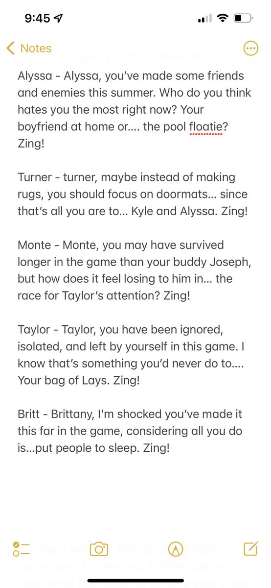 babyzingbot22's tweet photo. just found the zings I wrote last night for each houseguest after taking an edible #bb24 https://t.co/7iiZVtF9Hz