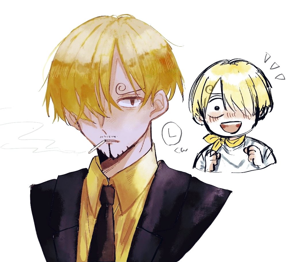 sanji (one piece) male focus blonde hair necktie hair over one eye facial hair cigarette yellow shirt  illustration images