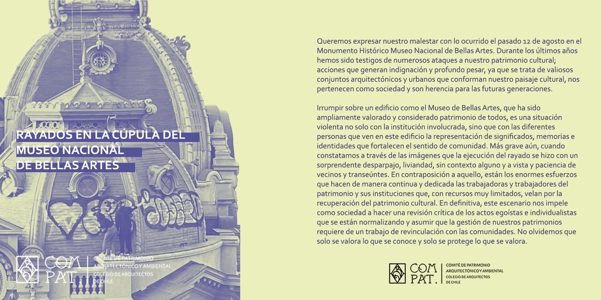 Declaración del Comité de Patrimonio sobre los rayados en el <a href="/MNBAChile/">MNBA Chile | Museo Nacional de Bellas Artes</a> el pasado 12 de agosto: