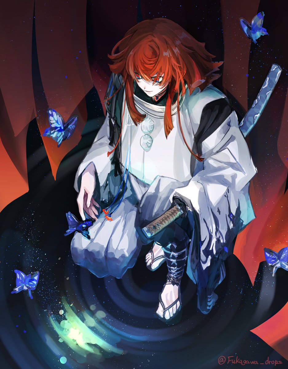 1boy solo weapon male focus red hair butterfly sword  illustration images