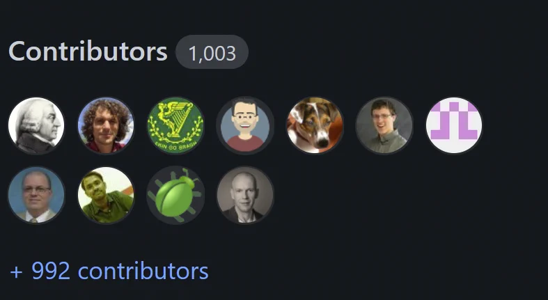 Github Contributor bar showing 1,003 contributors (and github icons of the 11 most frequent ones)