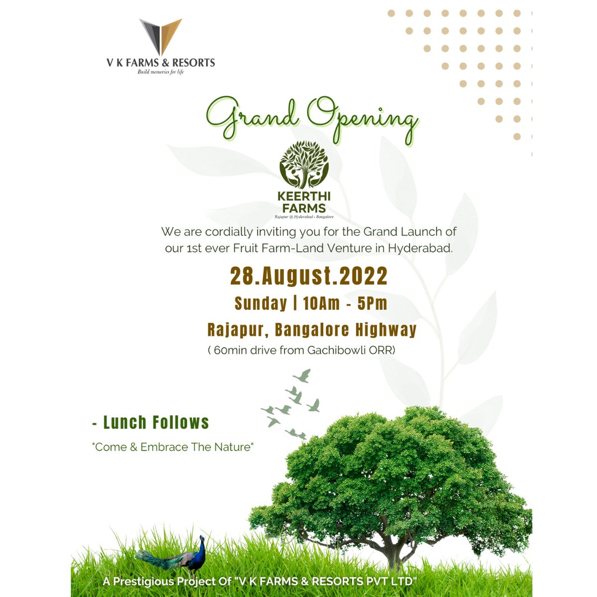 VkfarmsA's tweet photo. We are inviting you to the GRAND LAUNCHING of Vk Farms And Resorts on August 28, 2022, starting at 9 am. All model units will be open and available for viewing. So hurry up and be the first to see your soon-to-be-owned open plot!!
.
.
.
 #GrandLaunching #grandlaunching #offer https://t.co/s0GXPA5l0a